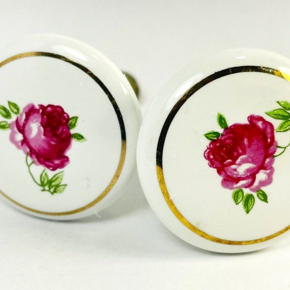 White Other - Vintage Japan White Porcelain Drawer Knobs Pulls Pink Tea Rose Gold Trim Set 2
